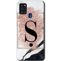 Potkal Hediye Fabrikası Samsung Galaxy A21s HD Baskılı Kılıf + 9D Tam Ekran Koruyucu - Pembe Mermer Desenli Ş Harfi