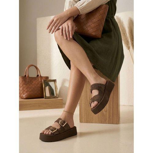 Yazlık Kadın Kahverengi Platform Taban Tokalı Terlik