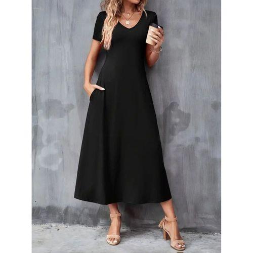 Kadın Kısa Kollu V Yakalı Cepli Viskon Elbise