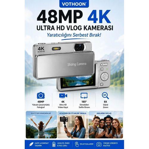 Dijital Kamera 4k Hd 48mp 8x Zoom Flaşlı Kayar Retro Video Kamera 2 4’’ Ekran 64gb Sd Kart Hediyeli Gümüş