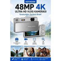 Dijital Kamera 4k Hd 48mp 8x Zoom Flaşlı Kayar Retro Video Kamera 2 4’’ Ekran 64gb Sd Kart Hediyeli Gümüş