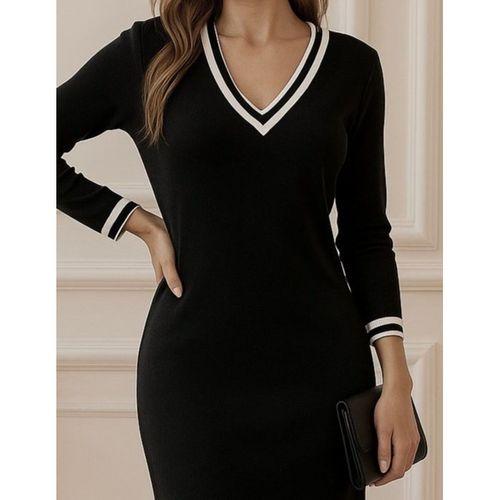 Kadın Uzun Kollu V Ribana Yakalı Yanlardan Yırtmaçlı Midi Viskon Iki Iplik Elbise