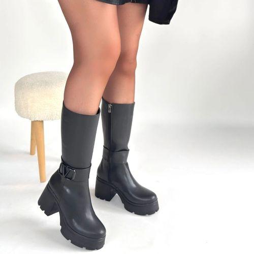 Moki Siyah Cilt Topuklu Çizme