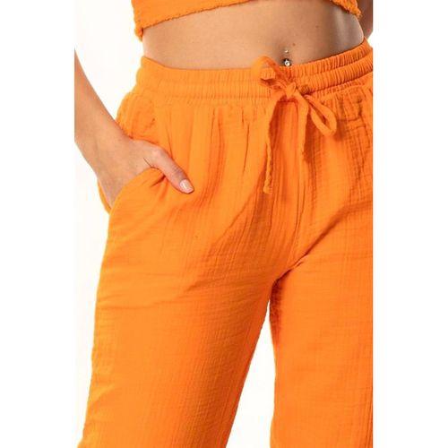 Müslin Beli Bağcıklı Çift Cepli Kadın Yazlık Pantolon Turuncu Trnc