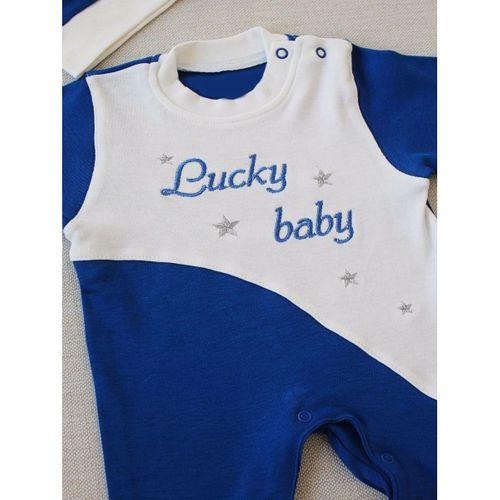 0-3 3-6 Ay Lucky Baby Nakışlı Es Çizgi Boy Şapkalı Erkek Bebek Tulumu Lacivert