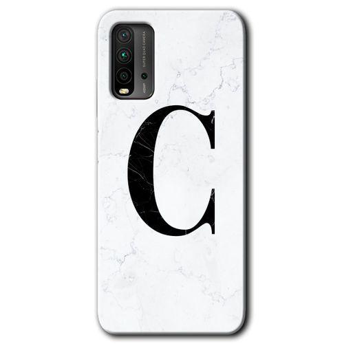 MRCİLETİSİM Xiaomi Redmi 9T Kılıf HD Desen Baskılı Arka Kapak + Temperli Cam - Beyaz Mermer Desenli C Harfi