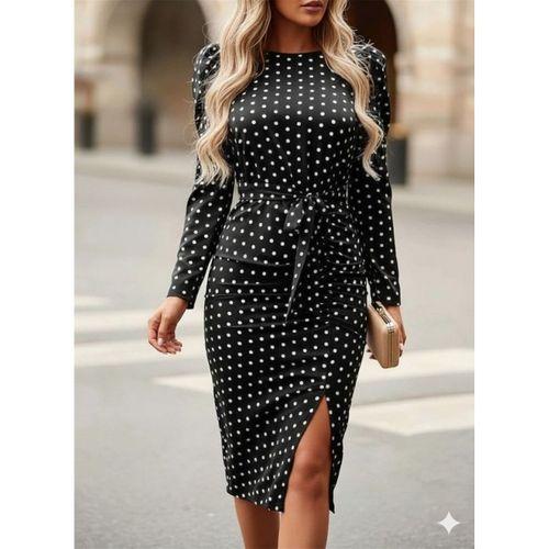 Kadın Uzun Kollu Yuvarlak Yaka Belden Kuşaklı önden Yırtmaçlı örme Krep Elbise