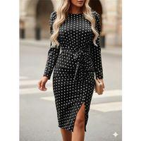 Kadın Uzun Kollu Yuvarlak Yaka Belden Kuşaklı önden Yırtmaçlı örme Krep Elbise