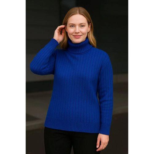 Balıkcı Yaka Bağazlı Triko Kazak Pamuklu Kalın Fitilli Dokuma - Saks Mavisi