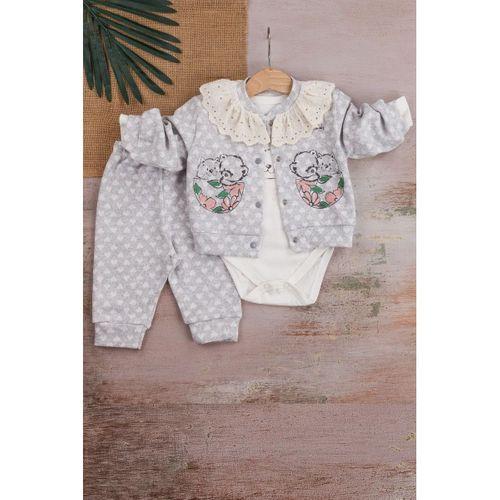 Brode İşlemeli Kalp Desenli 3'lü Hırkalı Kız Bebek Takım