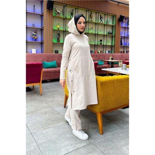 Kapşonlu Yandat Çıtçıtlı Sade Basic Uzun Tunik ve Pantolon İkili Spor Takım - 03071.027 - Ekru