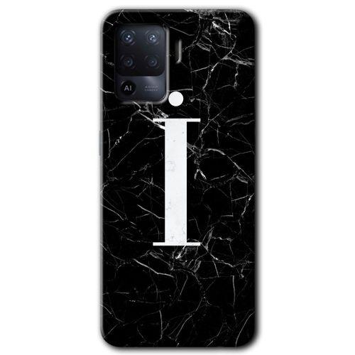 Oppo Reno 5 Lite Kılıf Baskılı Kapak - Siyah Mermer Desenli İ Harfi + 5D Tam Kaplayan Cam