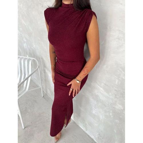 Likralı Simli Kumaş Yandan Yırtmaçlı Uzun Elbise Şık Kolsuz Abiye - Bordo