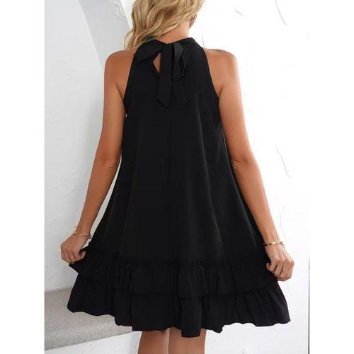 Kadın Omuzlardan Açık Boyundan Bağlı Damla Detaylı Fırfırlı Kısa Sandy Elbise
