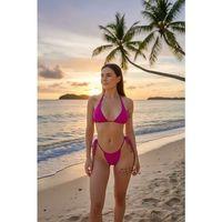 Kadın Fuşya Üçgen Bikini Takımı Yandan Bağlamalı Tangalı Canlı Renk Şık Mayo Seti