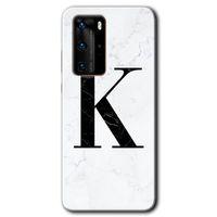 Potkal Hediye Fabrikası Huawei P40 Pro Kılıf HD Desen Baskılı Arka Kapak - Beyaz Mermer Desenli K Harfi