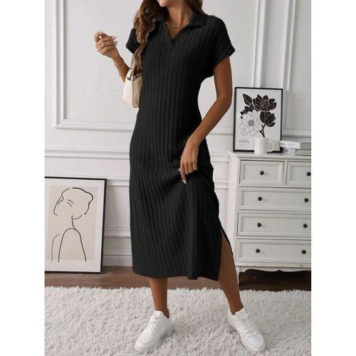 Kadın Kısa Kollu Yakalı Yandan Yırtmaçlı Kalın Fitilli Kaşkorse Elbise