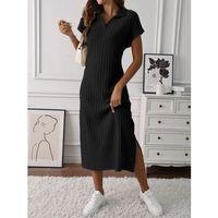 Kadın Kısa Kollu Yakalı Yandan Yırtmaçlı Kalın Fitilli Kaşkorse Elbise