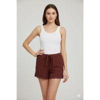 Bambu Fitilli Kadın Ev Şortu Bacak Dantel Detaylı Ev Giyim Koyu Taba