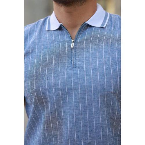 Erkek Fermuar Yakalı çizgili Kısa Kollu Tişört