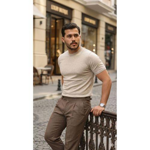 Erkek Basic Bisiklet Yaka Kısa Kollu Triko Tişört - %100 Pamuk Akrilik