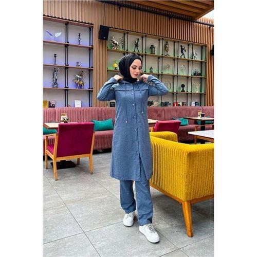 Kapşonlu Düğmeli Sade Basic Uzun Tunik ve Pantolon İkili Spor Takım - 03072.006 - İndigo