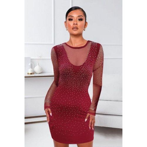 Kadın Uzun Kollu Yuvarlak Yaka Dekolteli Taşlı Dalgıç Elbise