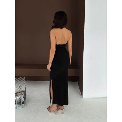 Uzun Abiye Elbise Yırtmaçlı Sırt Dekolteli Şık Gece Elbisesi - Siyah