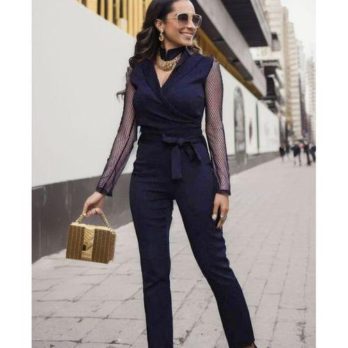 Kadın Uzun Kollu Kruvaze Yakalı Kolları Tül Detay Beli Kuşaklı Ithal Krep Tulum