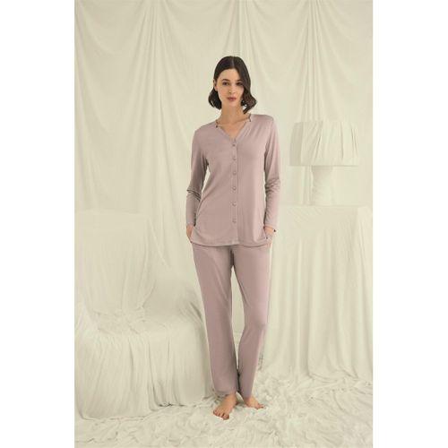 Uzun Kollu Düğmeli V Yaka Pijama Takımı