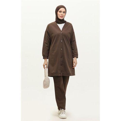 Düğmeli V Yakalı Sade Basic Eşofman Spor İkili Takım - 03051.028 - Kahverengi