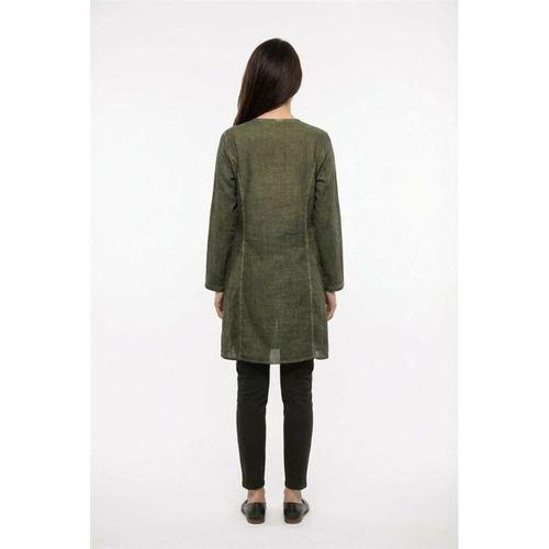 Uzun Katlanabilir Kol İnka Düğmeli Yazlık Otantik Nakışlı Poplin Tunik Haki Hk