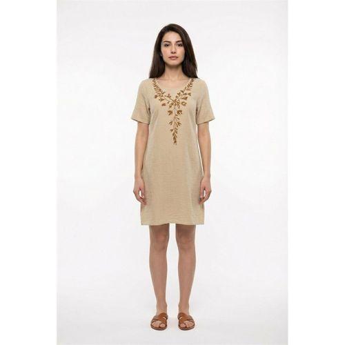 Kısa Kol Lidya Bisiklet Yaka Nakışlı Yazlık Kısa Müslin Elbise Bej Bej