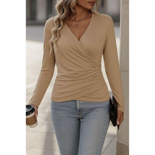 Kadın Uzun Kollu Kruvaze Yaka Yanlardan Büzgülü Viskon Bluz