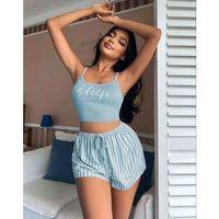 Kadın Mavi Çizgilidesenli Askılı Şortlu Pijama Takım 9001