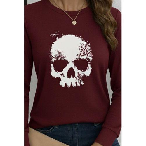 Kadın Uzun Kollu Bisiklet Yaka Kurukafa Desenli Viskon Bluz