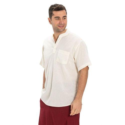 Büyük Beden Şile Bezi Kısa Kol Tek Cepli Hakim Yaka Erkek Yazlık Tshirt Krem 3002