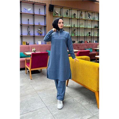 Dik Yaka Kısa Fermuarlı Yırtmaçlı Sade Basic Uzun Tunik ve Pantolon İkili Spor Takım - 03062.006 - İndigo