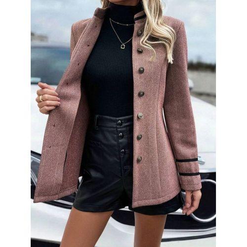 Kadın Uzun Kollu Hakim Yaka Düğme Detaylı Mini Dokuma Ceket