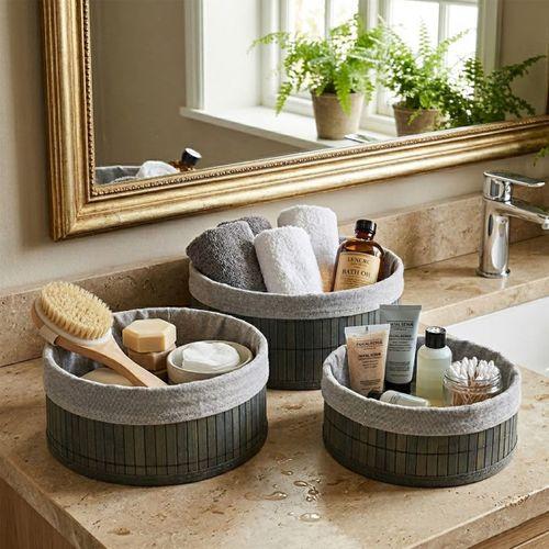 Yuvarlak Bambu Kenarlı Organizer Sepet (Gri, Ahşap Tabanlı)