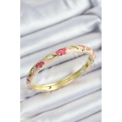 Mineli Pirinç Pembe Çiçek Motifli Gold Renk Kadın Kelepçe