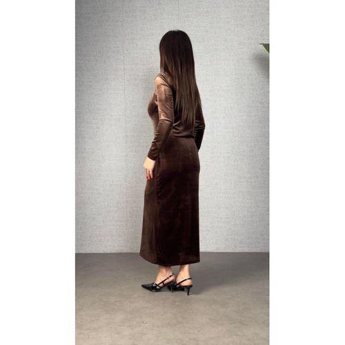 Kadınbalıkçı Yaka Büzgü Ve Taş Işleme Detay Maxi Boy Kadife Elbise