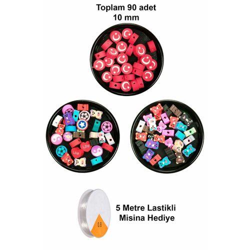 90 Adet 10 mm Polimer Kil Fimo Boncuk Takı Bileklik + 5 Metre Misina Hediye - Karışık - Bayrak - Ayıcık