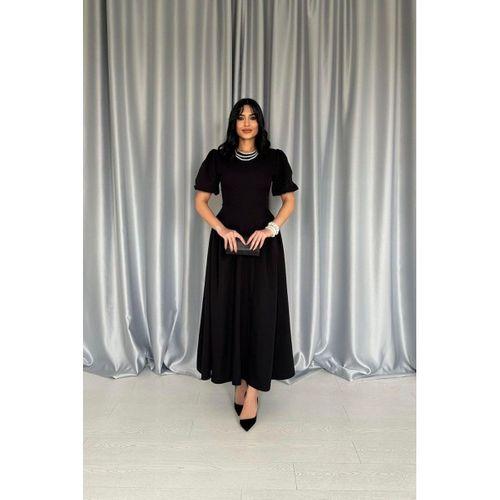 Siyah Etek Yanları Büzgülü Balon Kollu Elbise