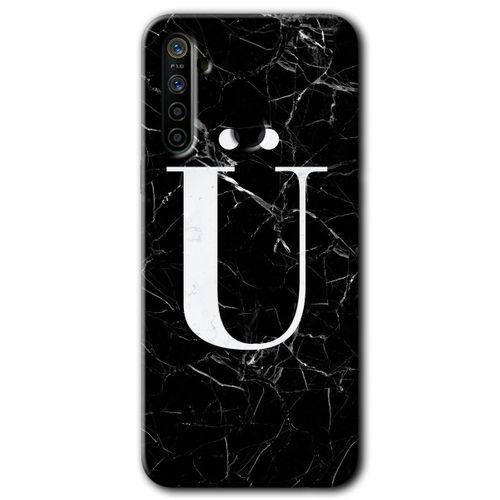 MRCİLETİSİM Realme 5i Kılıf Kapak - Siyah Mermer Desenli Ü Harfi +Hayalet Ekran Yandan Gözükmez