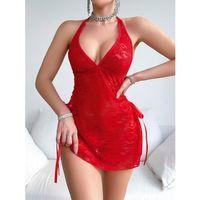 Kırmızı Dantel İşlemeli Yandan Bağlamalı Fantezi Tül Gecelik