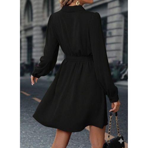Kadın Uzun Kollu Kruvaze Yakalı Belden Kuşaklı Mini çift Katlı Ithal Krep Elbise