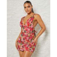 Çiçek Desenli Büzgülü Arkadan Bağlamalı Fantezi Elbise