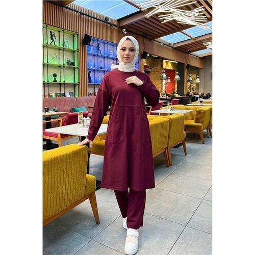 Önden İki Cepli Sade Basic Uzun Tunik Pantolon İkili Spor Takımı - 03067.009 - Bordo