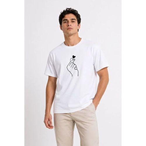 Erkek Kore Parmak Kalp Aşk Temalı Minimal Baskılı Tişört Yazlık Kısa Kol T-Shirt - Beyaz